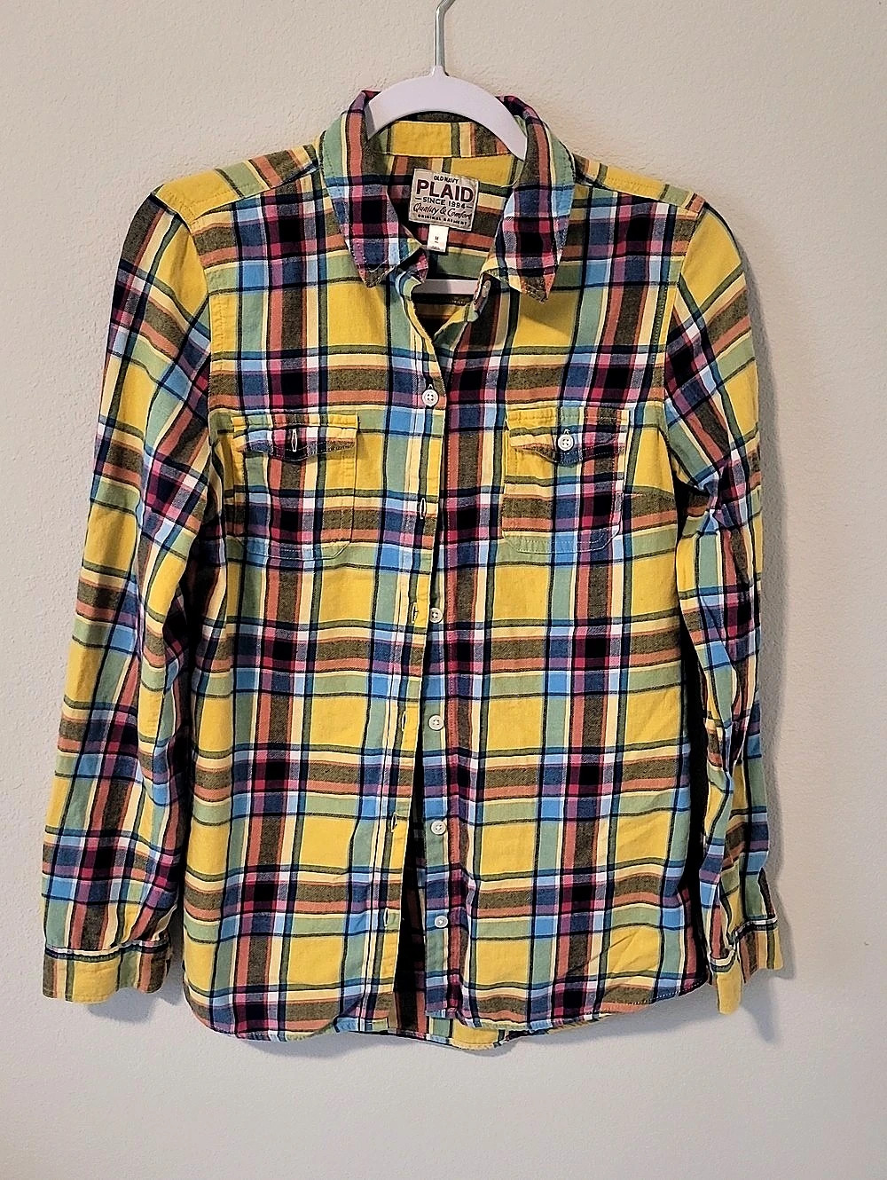 Old Navy LS Flannel Cam Yellow Multiplaid Button Down Medium
